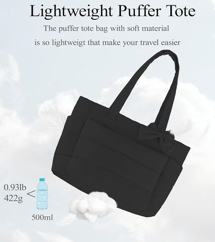 Puffer Tote Bag for Women, Quilted Bow Tote Bag with Cup Holder & 15.6 In Laptop Compartment for Work, Travel, Gym, College in Saudi Arabia