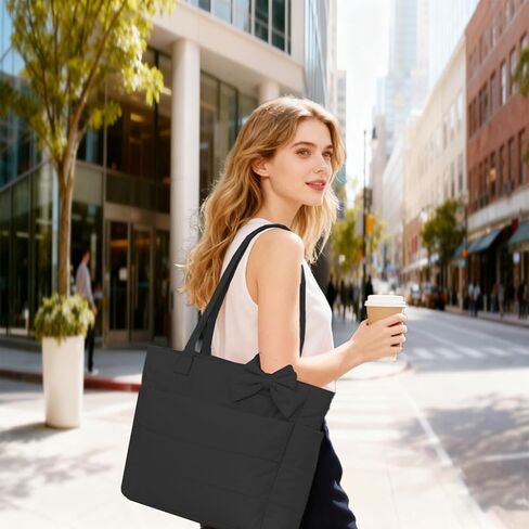 Puffer Tote Bag for Women, Quilted Bow Tote Bag with Cup Holder & 15.6 In Laptop Compartment for Work, Travel, Gym, College in Saudi Arabia