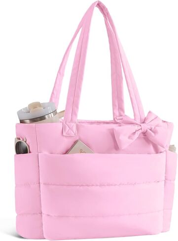 Puffer Tote Bag for Women, Quilted Bow Tote Bag with Cup Holder & 15.6 In Laptop Compartment for Work, Travel, Gym, College in Saudi Arabia