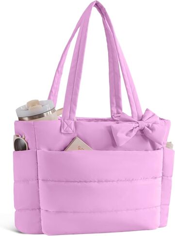 Puffer Tote Bag for Women, Quilted Bow Tote Bag with Cup Holder & 15.6 In Laptop Compartment for Work, Travel, Gym, College in Saudi Arabia