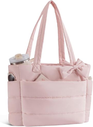 Puffer Tote Bag for Women, Quilted Bow Tote Bag with Cup Holder & 15.6 In Laptop Compartment for Work, Travel, Gym, College in Saudi Arabia