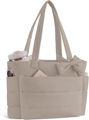 Puffer Tote Bag for Women, Quilted Bow Tote Bag with Cup Holder & 15.6 In Laptop Compartment for Work, Travel, Gym, College in Saudi Arabia