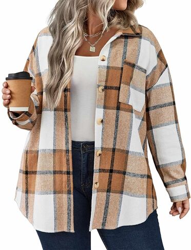 IN'VOLAND Women's Oversized Flannel Flannel Plaid Shirts Long Sleeve Button Down Casual Boyfriend Blouse Top Sandy Brown in Kuwait