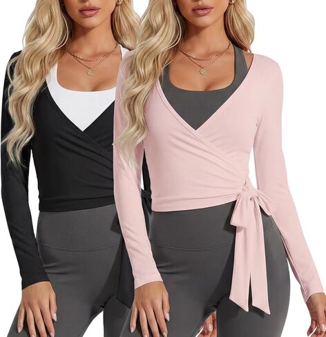 Coume 2 Pack Women’s Ballet Pilates Wrap Top Long Sleeve Tie Front Shrug Yoga Shirt Y2k Workout Active Blouses Crop Tops in Kuwait