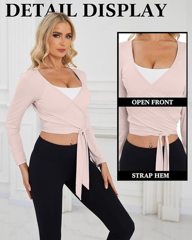 Coume 2 Pack Women’s Ballet Pilates Wrap Top Long Sleeve Tie Front Shrug Yoga Shirt Y2k Workout Active Blouses Crop Tops in Kuwait