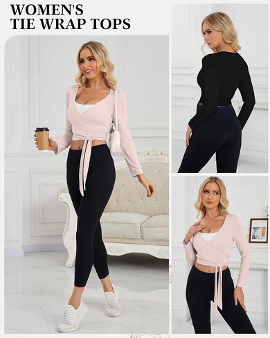 Coume 2 Pack Women’s Ballet Pilates Wrap Top Long Sleeve Tie Front Shrug Yoga Shirt Y2k Workout Active Blouses Crop Tops in Kuwait