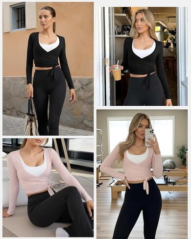 Coume 2 Pack Women’s Ballet Pilates Wrap Top Long Sleeve Tie Front Shrug Yoga Shirt Y2k Workout Active Blouses Crop Tops in Kuwait