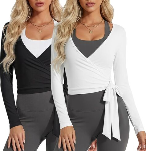 Coume 2 Pack Women’s Ballet Pilates Wrap Top Long Sleeve Tie Front Shrug Yoga Shirt Y2k Workout Active Blouses Crop Tops in Kuwait