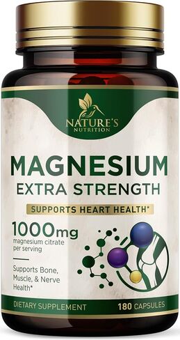 Magnesium Pills Extra Strength 1000mg - Chelated for Ultra Absorption, Magnesium Supplement for Bone, Muscle Health & Heart Support, Nature's Citrate Oxide Magnesio Vitamins, Non-GMO - 60 Capsules in Kuwait