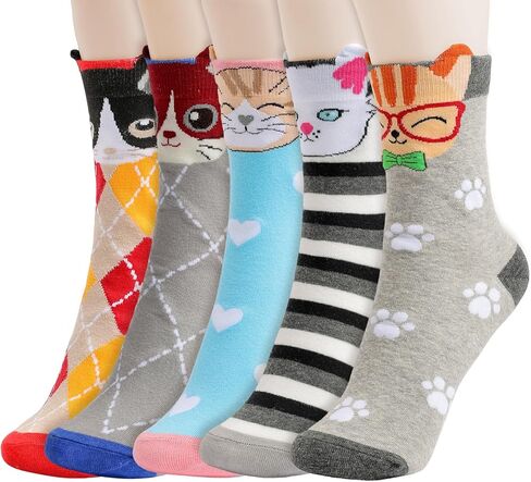 جوارب قطط نسائية مريحة من Stocking Stuffers - مطبوعات حيوانات لطيفة، هدايا عيد الميلاد المثالية للنساء، جوارب يومية ناعمة in Kuwait