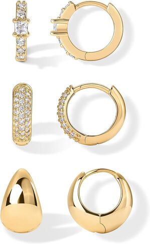 PAVOI 18K Gold Plated 925 Sterling Silver Posts Three Pairs Huggie Hoop Earrings for Women - Triple Gold Hoop Earring Pack with Cubic Zirconia - Chunky Dome Pave Huggie Piercing Statement Jewelry Set in Saudi Arabia