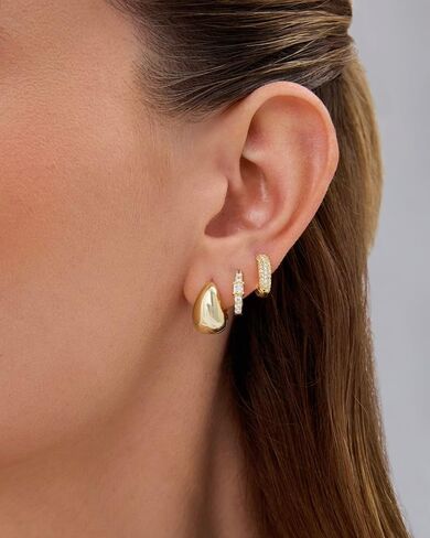 PAVOI 18K Gold Plated 925 Sterling Silver Posts Three Pairs Huggie Hoop Earrings for Women - Triple Gold Hoop Earring Pack with Cubic Zirconia - Chunky Dome Pave Huggie Piercing Statement Jewelry Set in Saudi Arabia