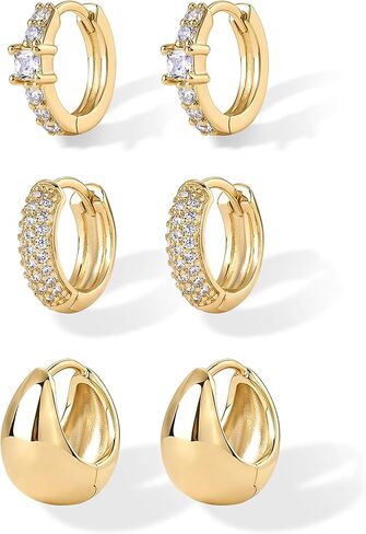 PAVOI 18K Gold Plated 925 Sterling Silver Posts Three Pairs Huggie Hoop Earrings for Women - Triple Gold Hoop Earring Pack with Cubic Zirconia - Chunky Dome Pave Huggie Piercing Statement Jewelry Set in Saudi Arabia