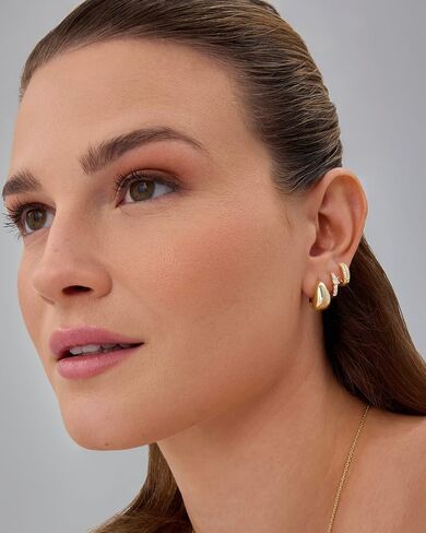 PAVOI 18K Gold Plated 925 Sterling Silver Posts Three Pairs Huggie Hoop Earrings for Women - Triple Gold Hoop Earring Pack with Cubic Zirconia - Chunky Dome Pave Huggie Piercing Statement Jewelry Set in Saudi Arabia