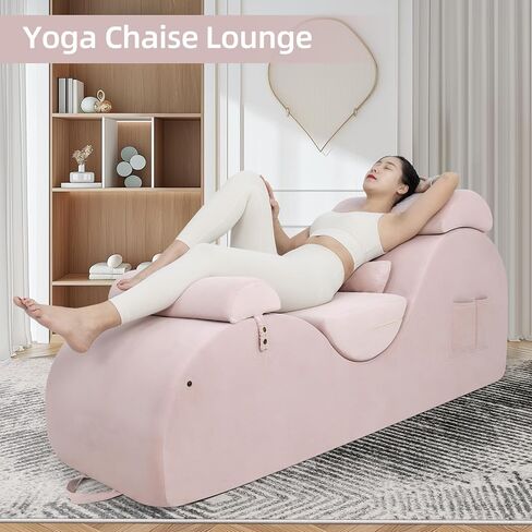 Chaise Lounge Chair for Yoga, Chaise Lounge with Headrest, Waist Pad, Foot Pad, Washable Cover Side Pockets Non-Slip Bottom, Yoga Chair for Relaxation Stretching (Pink, X-Large) in Saudi Arabia