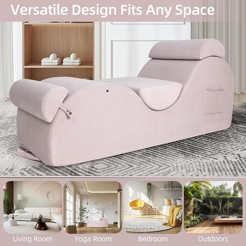 Chaise Lounge Chair for Yoga, Chaise Lounge with Headrest, Waist Pad, Foot Pad, Washable Cover Side Pockets Non-Slip Bottom, Yoga Chair for Relaxation Stretching (Pink, X-Large) in Saudi Arabia