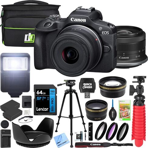 Canon EOS R100 Mirrorless Camera Body with RF-S 18-45mm F4.5-6.3 is STM Lens 6052C012 Bundle with Deco Gear Photography Bag + 2 x Battery + 2 x 64GB Memory Cards + Accessories Kit in Kuwait