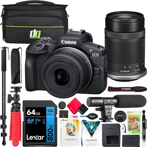Canon EOS R100 Mirrorless Camera Body with RF-S 18-45mm F4.5-6.3 is STM Lens 6052C012 Bundle with Deco Gear Photography Bag + 2 x Battery + 2 x 64GB Memory Cards + Accessories Kit in Kuwait