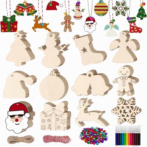 134 PCS DIY Christmas Ornaments for Christmas Trees Unfinished Wooden Christmas Ornaments Set in 10 Shapes Christmas Crafts for Kids Centerpiece Holiday Hanging Ornaments in Saudi Arabia