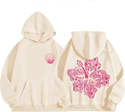 Cute Pink Hoodie Kids Girls Aesthetic Preppy Hibiscus Flower Puff Hoodies Kawaii Hawaii Palm Beach Graphic Pullover in Saudi Arabia