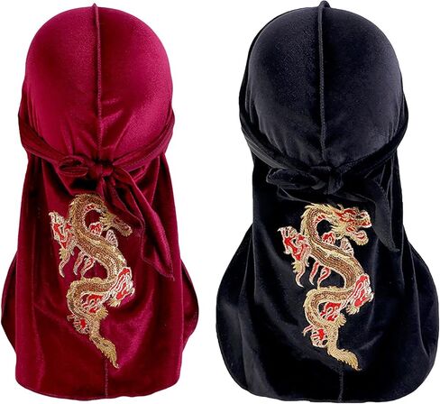 2PCS Long Tail Velvet Durag Hats with Dragon Pattern Pirate Wave Cap Wide Strap Bandana Doo Rag Turban Cap Headband in Saudi Arabia