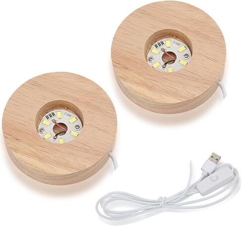 2-Pack Wooden LED Display Base - Lighted Stand for Crystal Art (2.5in Diameter) - Home/Office/Gift Decor-White Light in Kuwait