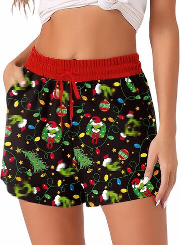 Remimi Womens Christmas Shorts Elastic Waist Xmas Pajama Bottoms with Pockets in Saudi Arabia