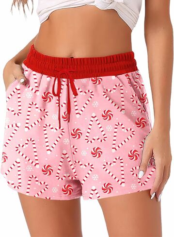 Remimi Womens Christmas Shorts Elastic Waist Xmas Pajama Bottoms with Pockets in Saudi Arabia