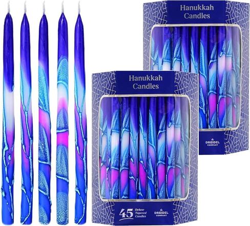 شركة Dreidel 45 شمعة حانوكا بدون قطرات باللونين الأزرق والوردي، شموع هانوكا مدببة فاخرة مزخرفة يدويًا لمدة ساعة واحدة in Saudi Arabia