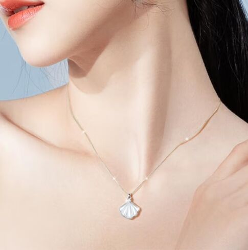 Mother of Pearl Fan Pendant Necklace - Sterling Silver, 16 Inch Chain, Dainty Ocean-Inspired Jewelry for Women, Perfect for Daily Wear and Gifting in Saudi Arabia