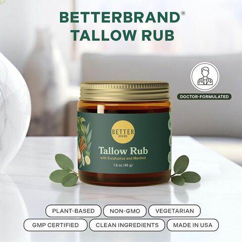 فرك الشحم الطبي الخالي من البترول من Betterbrand - بديل فرك البخار الطبيعي مع المنثول والأوكالبتوس - بلسم الشحم الذي يتغذى على العشب لتخفيف احتقان الصدر - صنع في الولايات المتحدة الأمريكية - 1.6oz in Kuwait