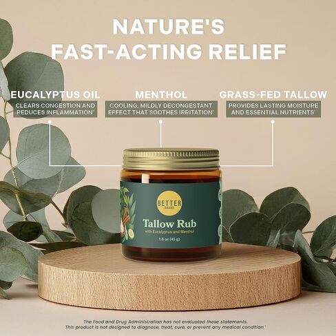 فرك الشحم الطبي الخالي من البترول من Betterbrand - بديل فرك البخار الطبيعي مع المنثول والأوكالبتوس - بلسم الشحم الذي يتغذى على العشب لتخفيف احتقان الصدر - صنع في الولايات المتحدة الأمريكية - 1.6oz in Kuwait
