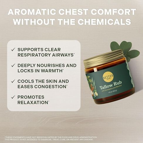 فرك الشحم الطبي الخالي من البترول من Betterbrand - بديل فرك البخار الطبيعي مع المنثول والأوكالبتوس - بلسم الشحم الذي يتغذى على العشب لتخفيف احتقان الصدر - صنع في الولايات المتحدة الأمريكية - 1.6oz in Kuwait