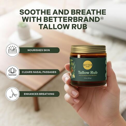 فرك الشحم الطبي الخالي من البترول من Betterbrand - بديل فرك البخار الطبيعي مع المنثول والأوكالبتوس - بلسم الشحم الذي يتغذى على العشب لتخفيف احتقان الصدر - صنع في الولايات المتحدة الأمريكية - 1.6oz in Kuwait