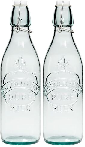 Amici Home Milk Glass Bottle | 34 Oz | Milk Bottle with Airtight Swing Top Lid for Water, Nut Milk, Juice, Iced Tea | Recycled Glass with Green Tint | Made in Italy in Kuwait