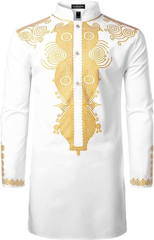 LucMatton Men's African Traditional Dashiki Luxury Metallic Gold Printed Mid Long Wedding Shirt in Saudi Arabia