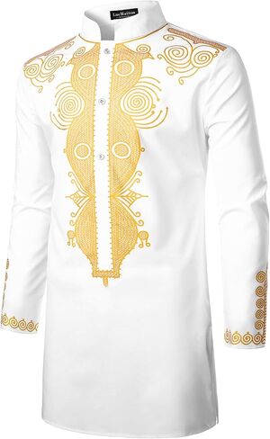 LucMatton Men's African Traditional Dashiki Luxury Metallic Gold Printed Mid Long Wedding Shirt in Saudi Arabia