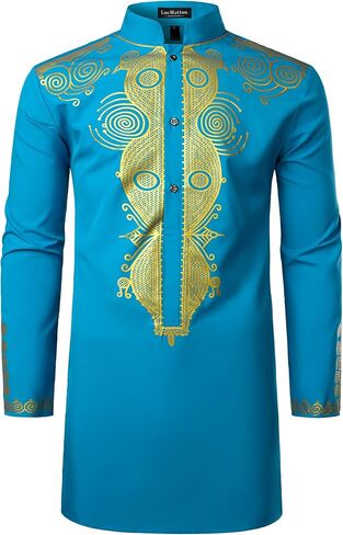 LucMatton Men's African Traditional Dashiki Luxury Metallic Gold Printed Mid Long Wedding Shirt in Saudi Arabia