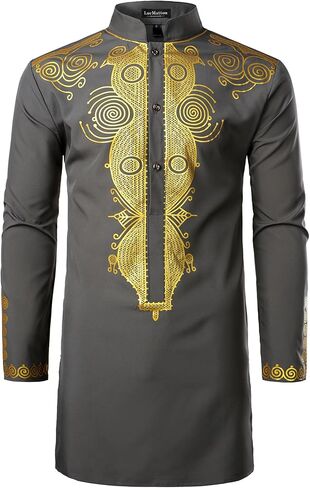 LucMatton Men's African Traditional Dashiki Luxury Metallic Gold Printed Mid Long Wedding Shirt in Saudi Arabia