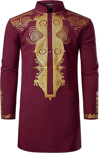 LucMatton Men's African Traditional Dashiki Luxury Metallic Gold Printed Mid Long Wedding Shirt in Saudi Arabia
