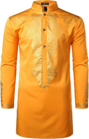 LucMatton Men's African Traditional Dashiki Luxury Metallic Gold Printed Mid Long Wedding Shirt in Saudi Arabia