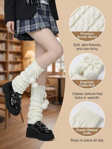 Y2K كابل متماسكة تدفئة الساق للنساء الفتيات Kawaii اليابانية-ins [ired Slouch Socks تدفئة الساق مع بوم بومس in Kuwait