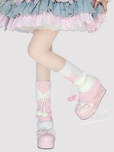 Kawaii لوليتا تدفئة الساق للنساء الفتيات محبوك جورب ترهل الجمالي مستوحى من اليابان مع القوس ديكور بوم بومس in Kuwait