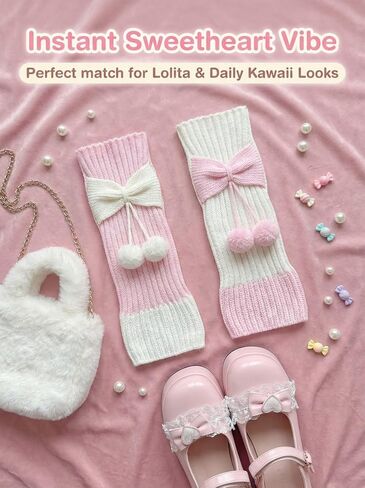 Kawaii لوليتا تدفئة الساق للنساء الفتيات محبوك جورب ترهل الجمالي مستوحى من اليابان مع القوس ديكور بوم بومس in Kuwait