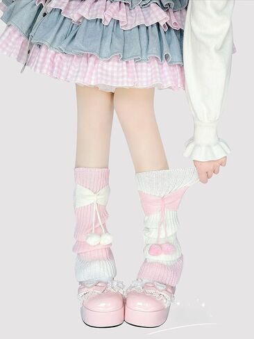 Kawaii لوليتا تدفئة الساق للنساء الفتيات محبوك جورب ترهل الجمالي مستوحى من اليابان مع القوس ديكور بوم بومس in Kuwait
