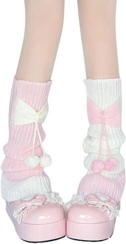 Kawaii لوليتا تدفئة الساق للنساء الفتيات محبوك جورب ترهل الجمالي مستوحى من اليابان مع القوس ديكور بوم بومس in Kuwait