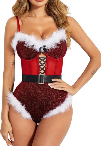 Avidlove Womens Christmas Lingerie Sexy Bodysuit Santa Babydoll Christmas Outfits with Underwire and Belt in Saudi Arabia