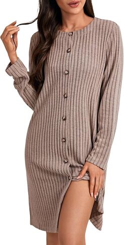 Vrtige Women's Ribbed Knit Night Fall Long Sleeve Button Down Mini Sleepwear Dress in Saudi Arabia