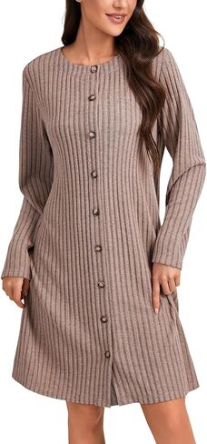 Vrtige Women's Ribbed Knit Night Fall Long Sleeve Button Down Mini Sleepwear Dress in Saudi Arabia