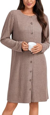 Vrtige Women's Ribbed Knit Night Fall Long Sleeve Button Down Mini Sleepwear Dress in Saudi Arabia